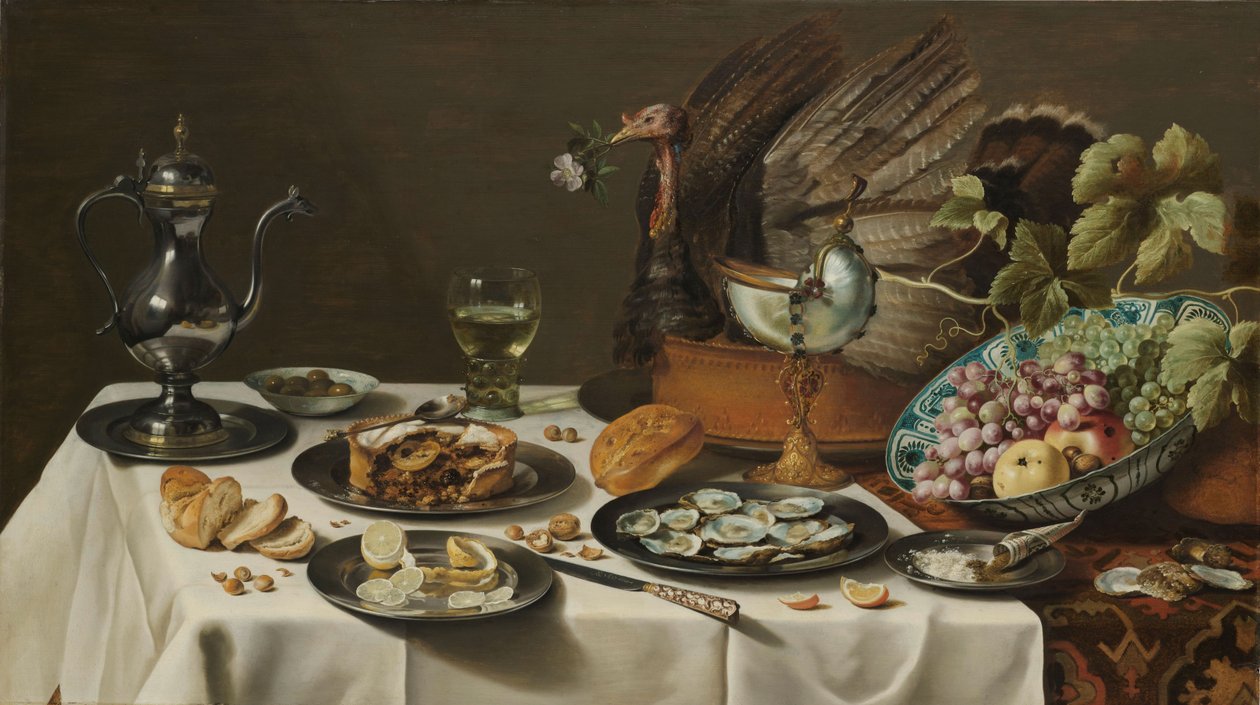 Stilleben med en kalkuntærte af Pieter Claesz
