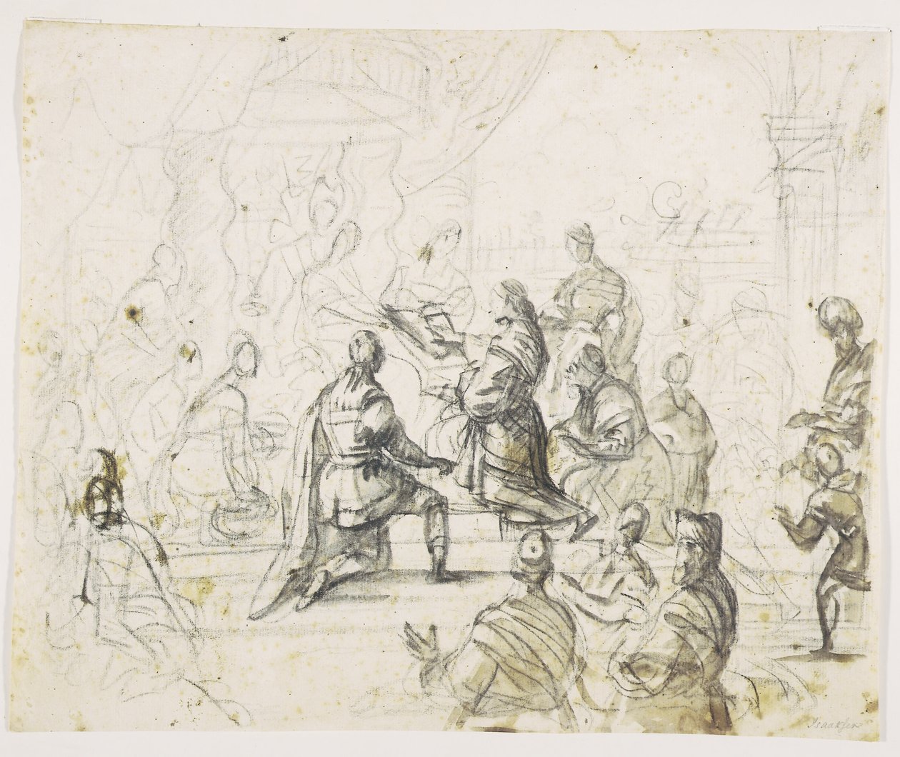 Figurer knælende for konge på trone af Pieter Isaacsz