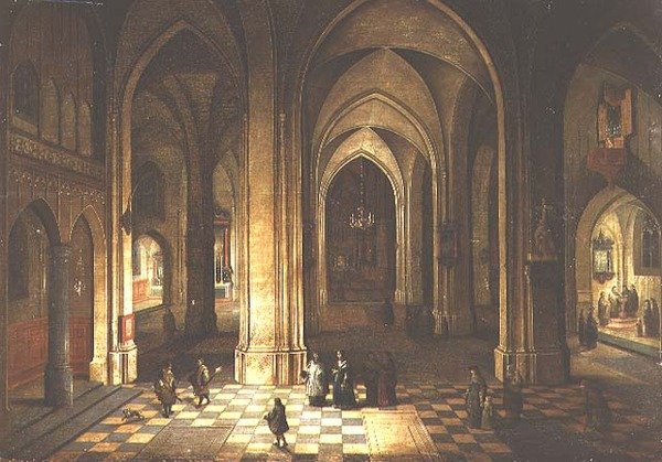 Kirkens interiør om natten af Pieter the Younger Neeffs