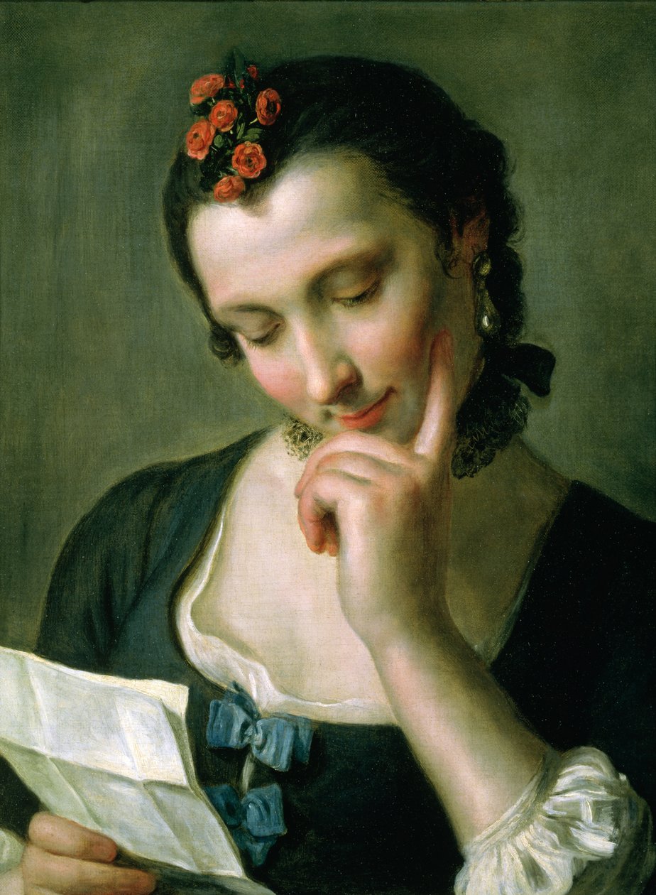 En ung kvinde læser et kærlighedsbrev af Pietro Antonio Rotari