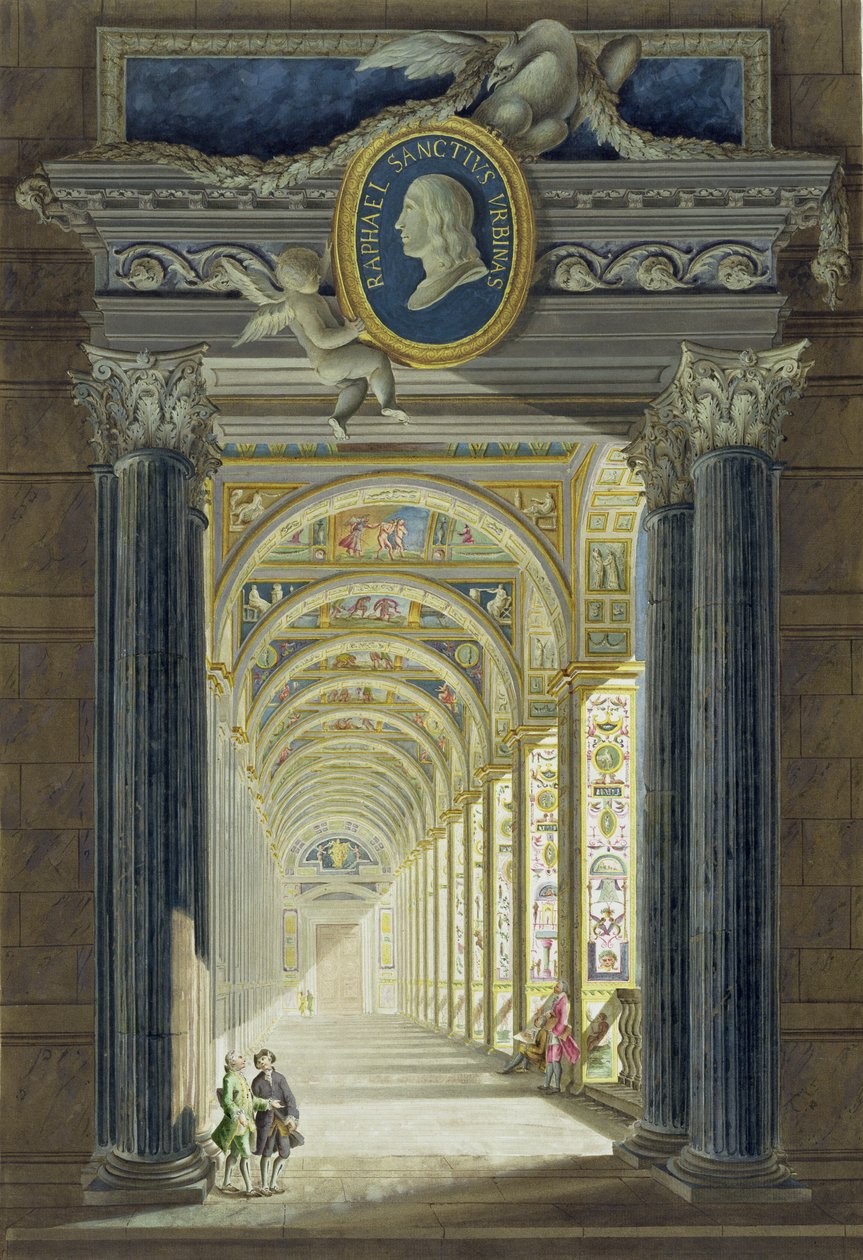 Frontispice med et medaljonportræt af Raphael (1483-1520), fra Delle Loggie di Rafaele nel Vaticano, indgraveret af Giovanni Volpato (1735-1803), udgivet ca. 1772-77 (håndkoloreret gravering) af Pietro Camporesi