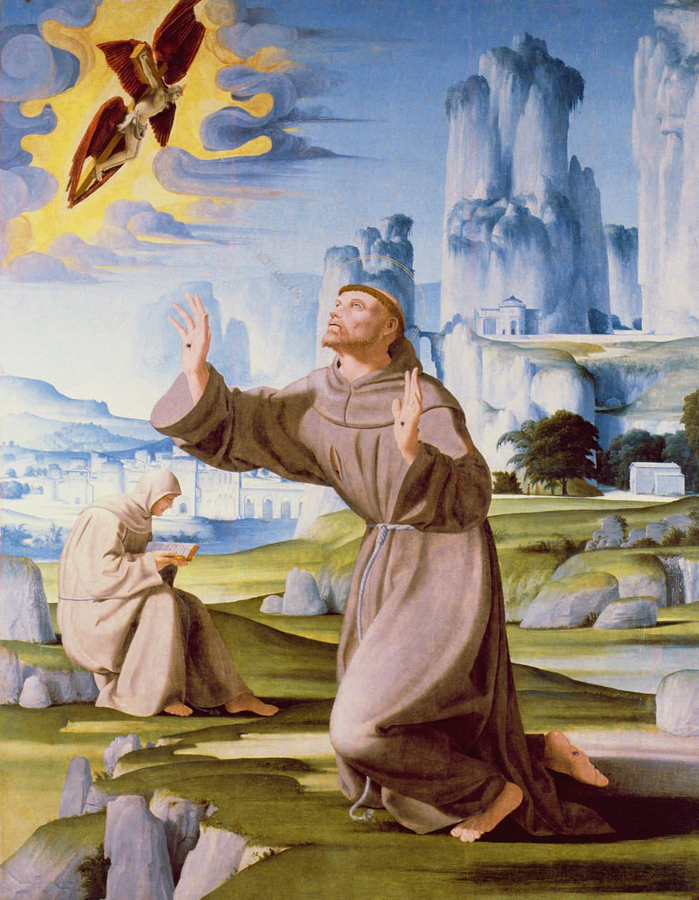 St. Francis modtager Stigmata (tempera på panel) (se også 170219) af Pietro Francione