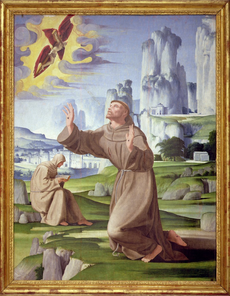 St. Francis modtager Stigmata (tempera på panel) (se også 59263) af Pietro Francione