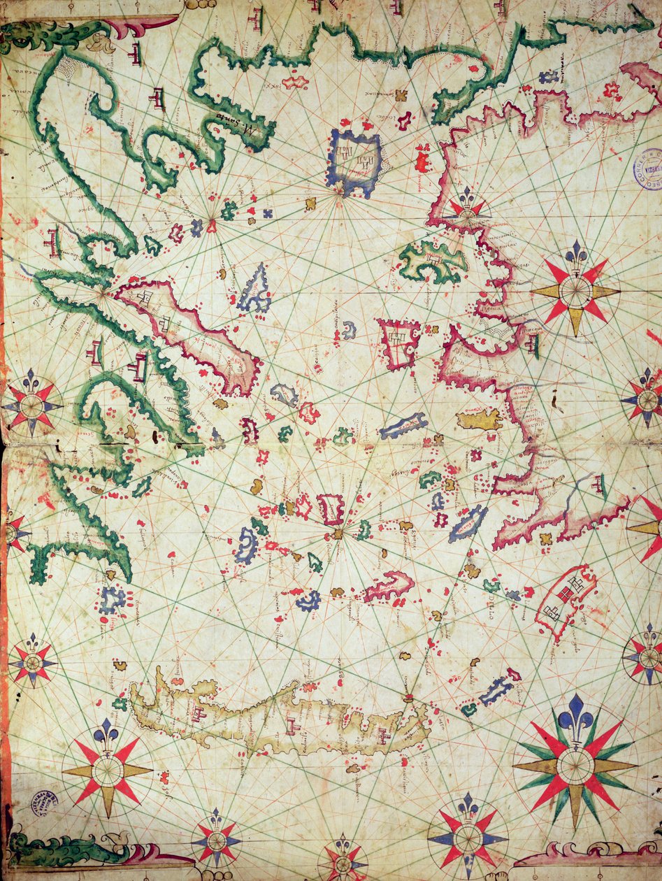 Det Ægæiske Hav, fra et nautisk atlas, 1651 (blæk på vellum) (se også 330926-330927) af Pietro Giovanni Prunes