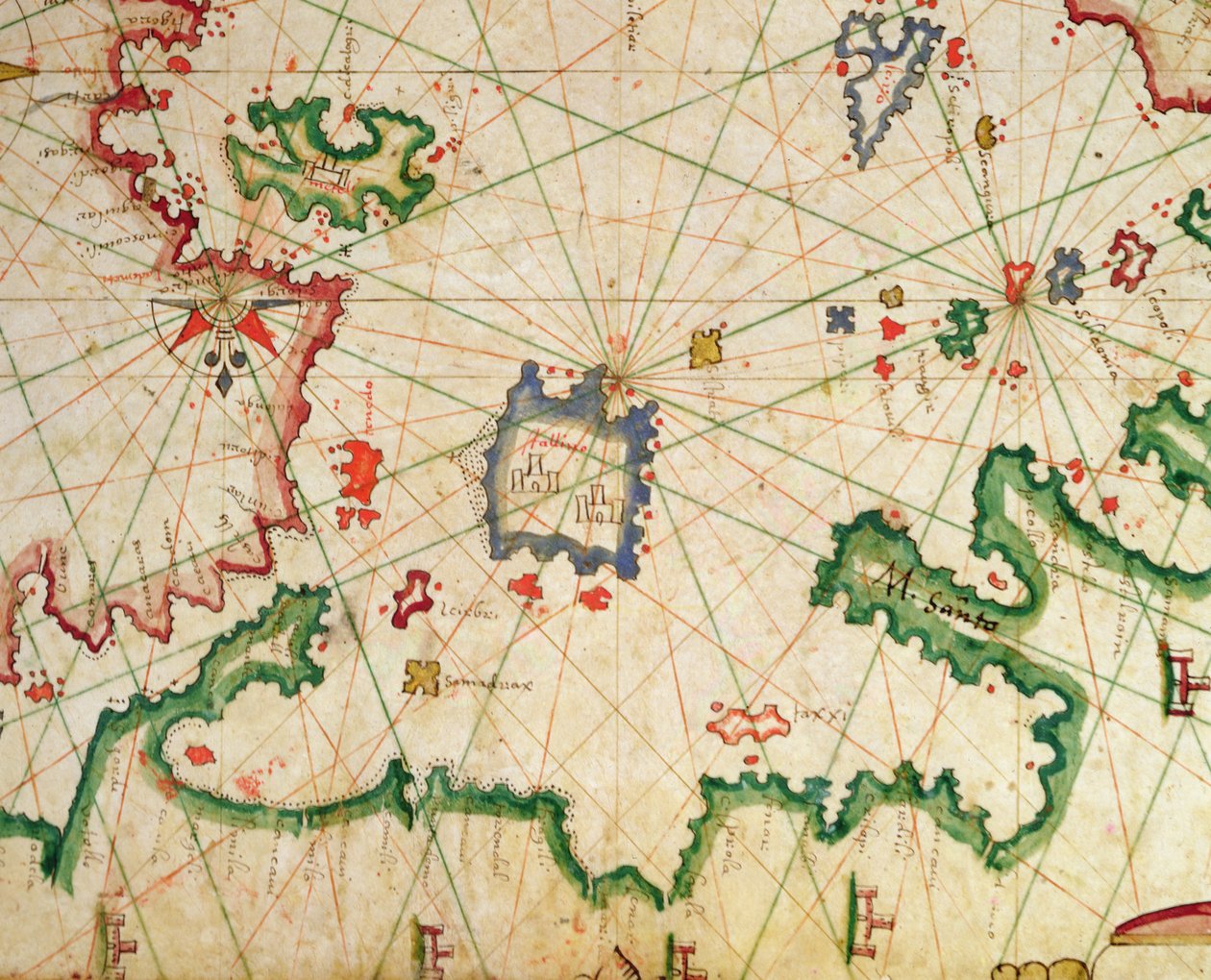 Øen Lemnos, fra et søatlas, 1651 (blæk på pergament) (detalje fra 330925) af Pietro Giovanni Prunes