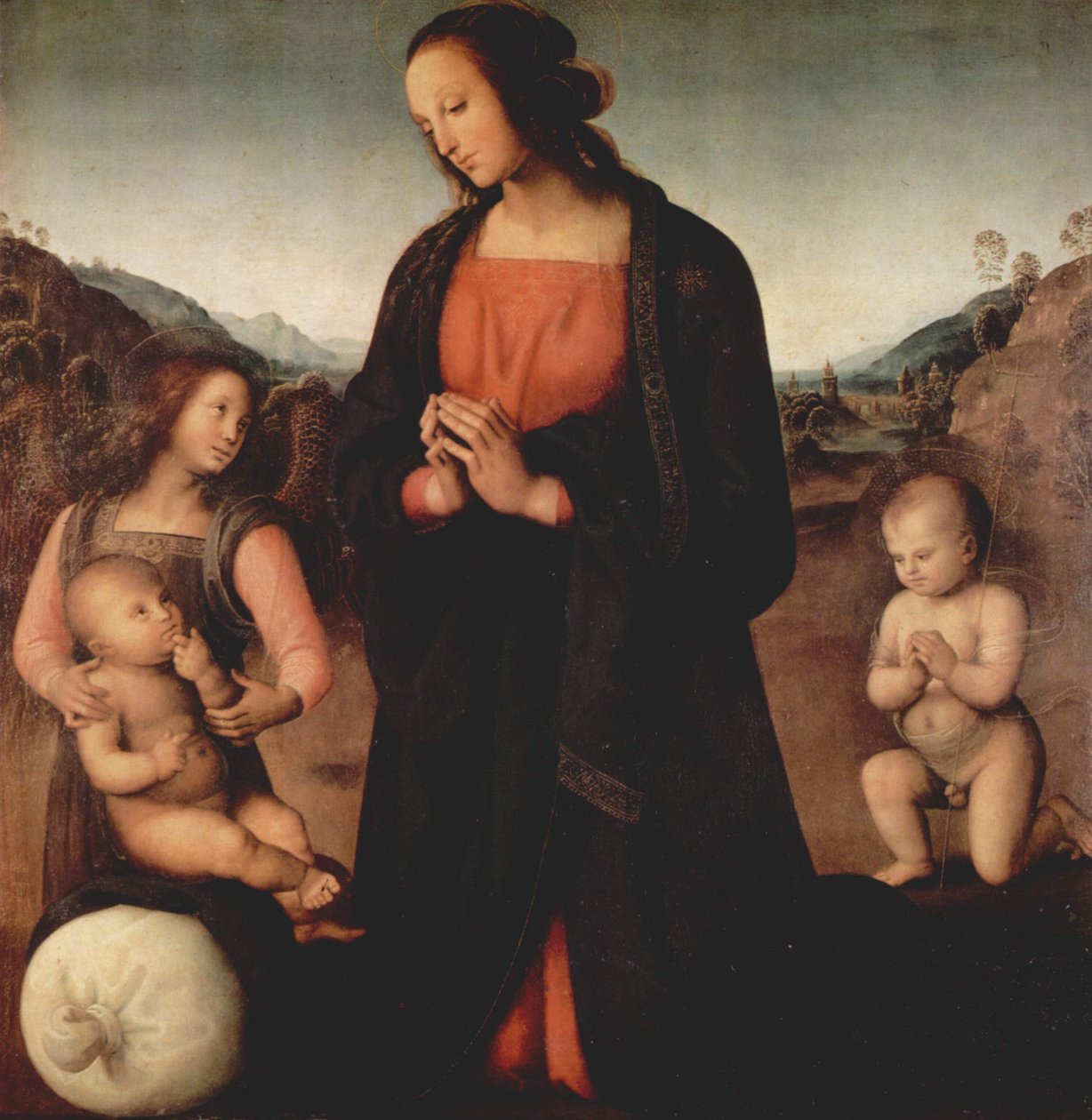 Maria tilbeder Kristusbarnet med Johannes Døberen og en engel (Madonna des Sacco) af Pietro Perugino