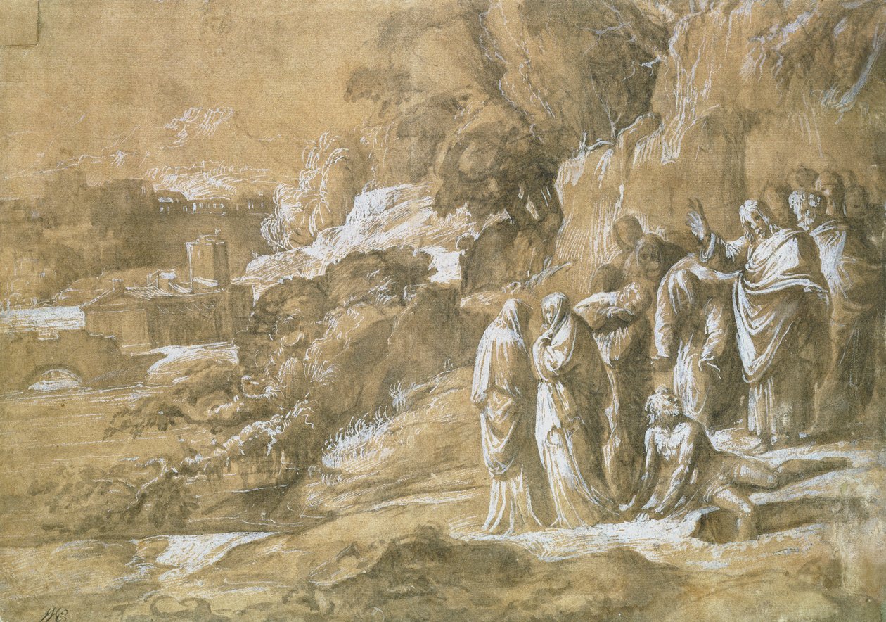The Raising of Lazarus (pen og brunt indisk blæk og sort kridt på brunt papir) af Polidoro da Caravaggio