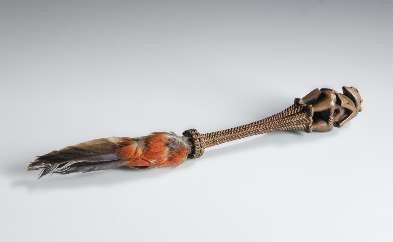 Fly-Whisk-håndtag, med ottekantet greb med indhak, der ender i en udskåret bifrontal figur af en gud, Society Islands, Tahiti (træ) af Polynesian