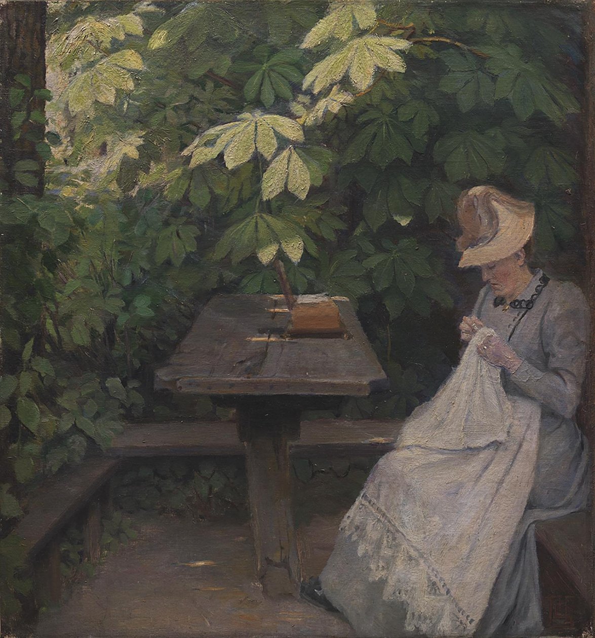 En sommerklædt dame i et lysthus af Poul S. Christiansen