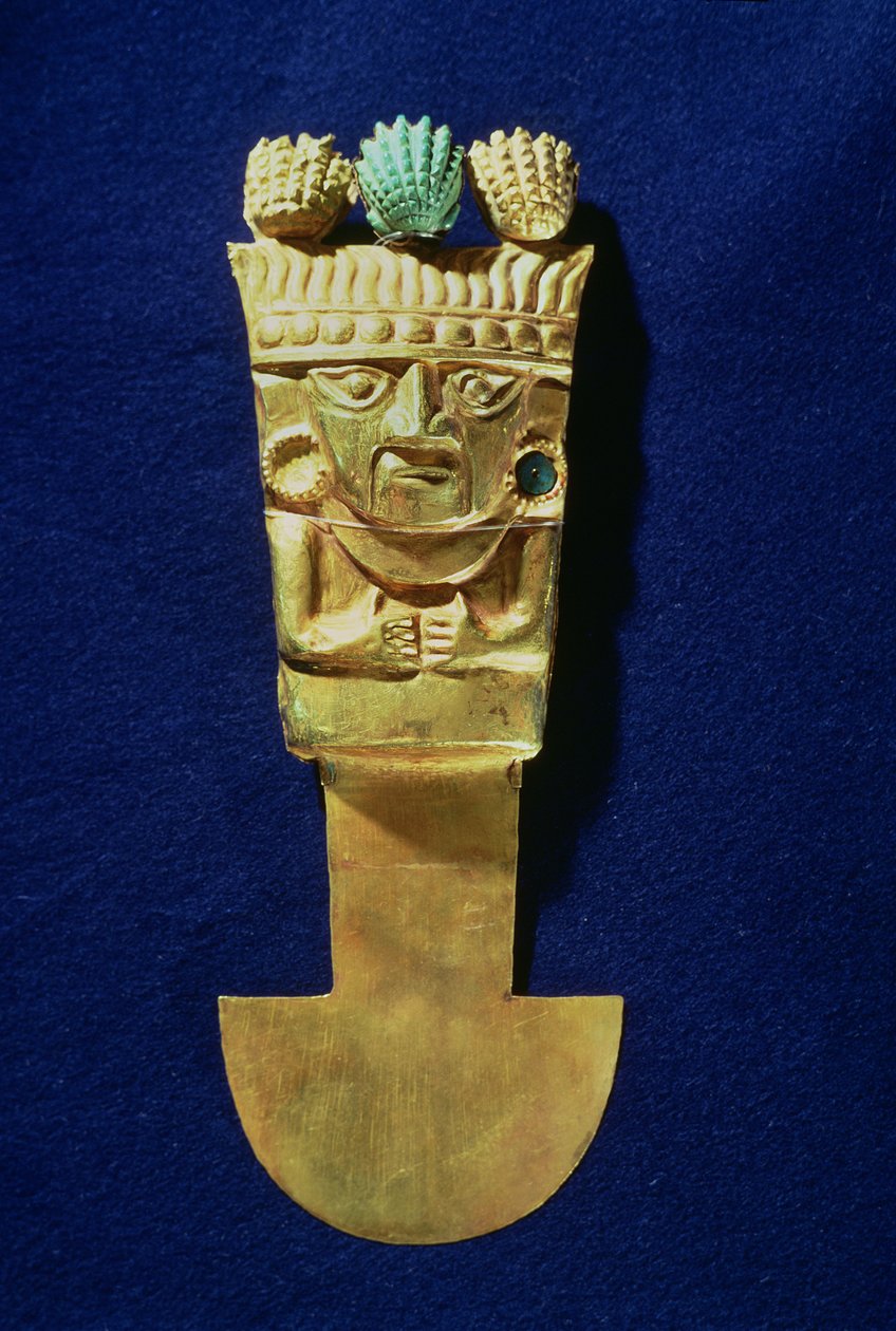 Tumi eller ceremoniekniv i form af Naylamp, Chimu (guld) af Pre Columbian