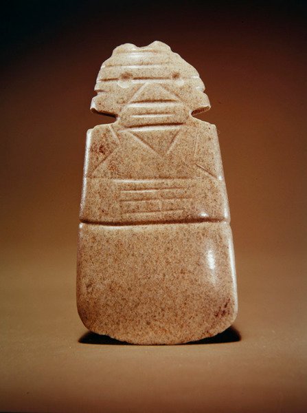 Antropomorf øksegud, fra Guacimo, Linea Vieja-området (broget mellemgrøn jade) af Pre Columbian Pre Columbian