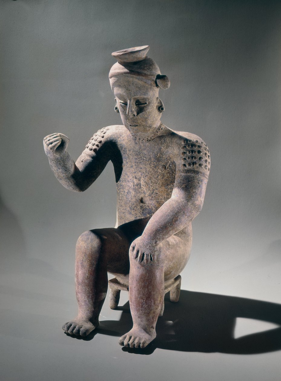 Billedkrukke, der viser en mand siddende på en lille skammel, Colima-stil (keramik) af Pre Columbian Pre Columbian