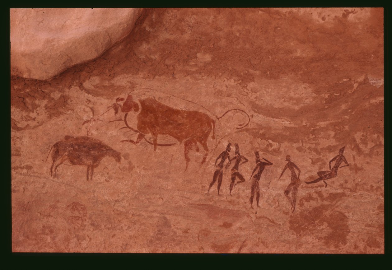 Køer og menneskelige figurer (klippemaleri) af Prehistoric