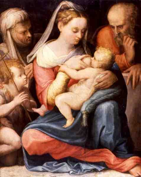 Den hellige familie (olie på panel) af Prospero Fontana