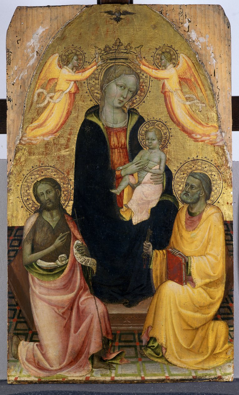 Madonna og barn på tronen bliver kronet af to engle, Johannes Døberen og apostlen Peter, ca. 1410-20 (tempera på poppeltræ) af Pseudo Baldese Pseudo Baldese