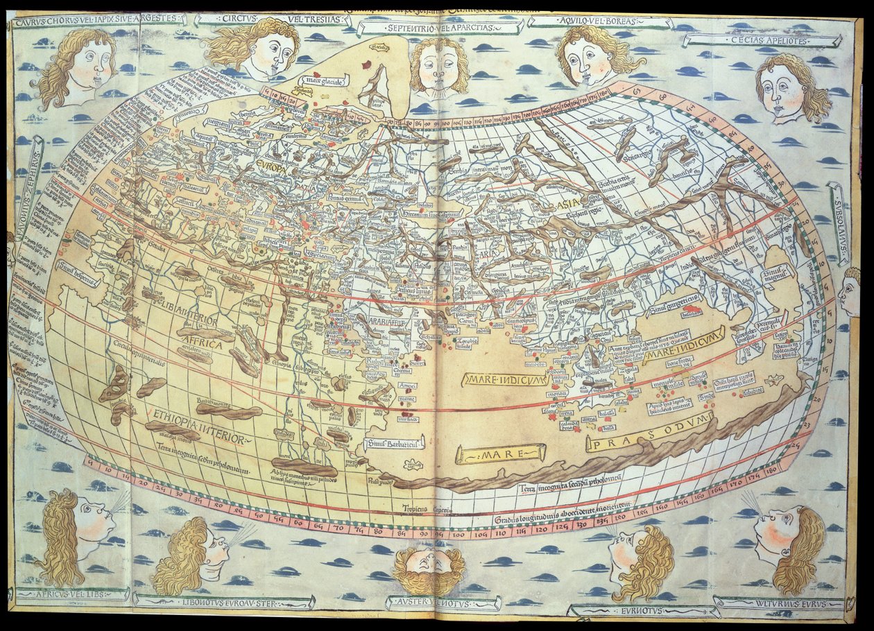 Kort over verden, baseret på beskrivelser og koordinater i "Geographia", første gang udgivet i Ulm, Tyskland (håndkoloreret gravering) af Ptolemy