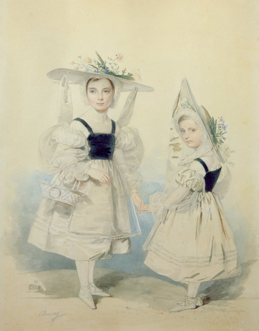 Portræt af storprinsesserne Olga og Alexandra i fancy kjole, 1830