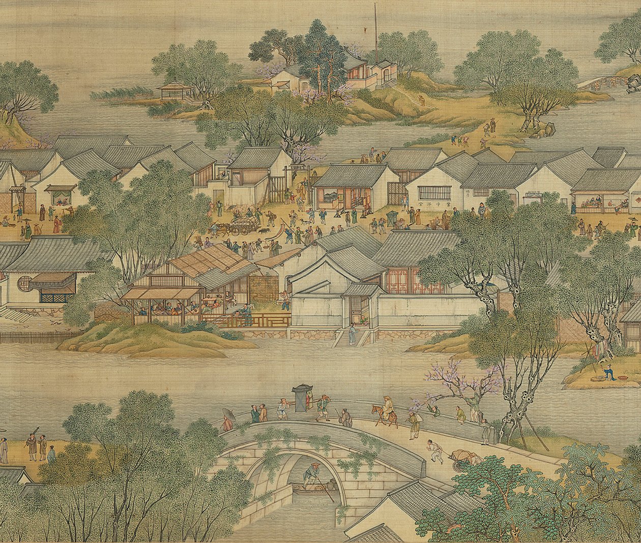 Langs floden under Qingming-festivalen, Qing Court-version, håndrulle, 1736 af Qing Dynasty Chinese School