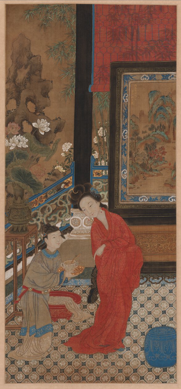 Yang Guifei forlader badet af Qing Dynasty Chinese School