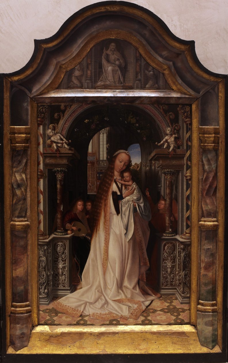 jomfruen med barnet, omgivet af engle af Quentin Matsys