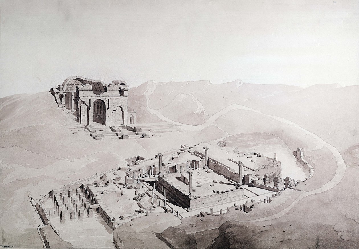 Thermae and Nymphaeum of Nimes, 1838 (vask på papir) af Questel
