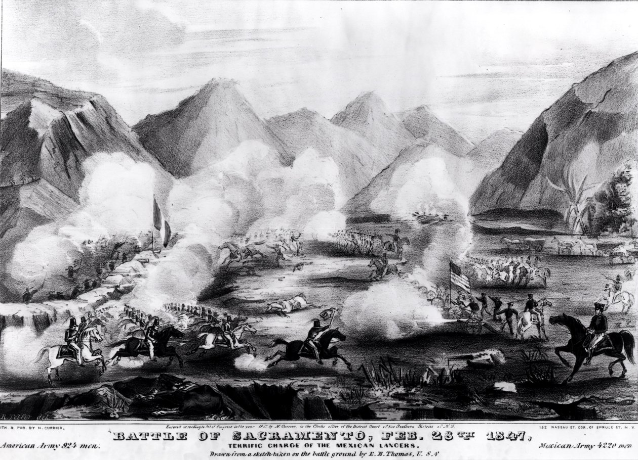 Slaget ved Sacramento: Terrific Charge of the Mexican Lancers, 28. februar 1847, graveret og udgivet af Nathanial Currier (1813-88) 1847 af R. Telfer