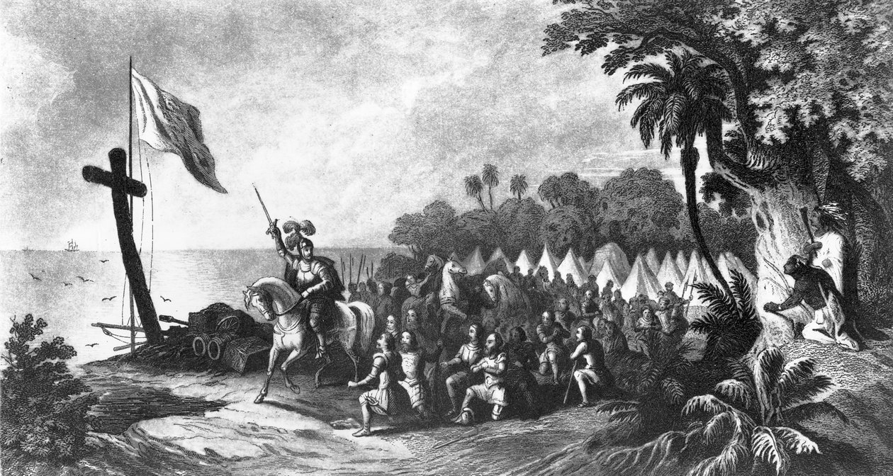 The Landing at Tampa Bay: De Soto og hans efterfølgere sværger at sejre eller dø, graveret af John Sartain (mezzotint) af R. Telfer