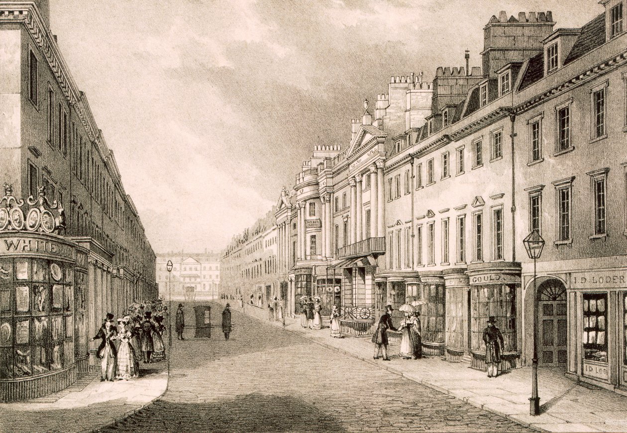 Milsom Street, fra "Views of Bath", ca. 1843 af R. Woodroffe
