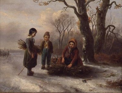 Børn samler logs, ca. 1884 (panel) af R. Favelle
