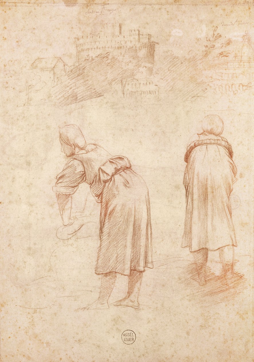 Vaskekvinder på bredden af Tiberen og studier af Chateau Saint-Ange (rødt kridt på papir) af Raffaello Sanzio Raphael