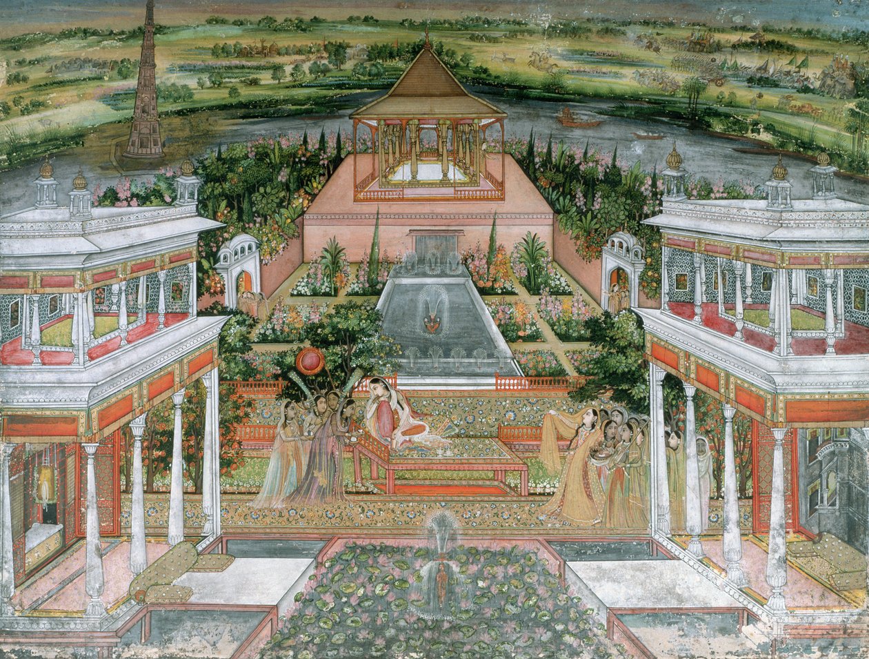 En mogulprinsesse bliver underholdt af kvindelige tjenere i en paladshave i Rajasthan, 1700 (wc og gouache på papir) af Rajput School