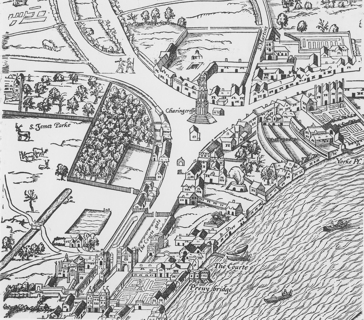 Detalje af Charing Cross fra Civitas Londinium (træbloktryk) af Ralph Agas