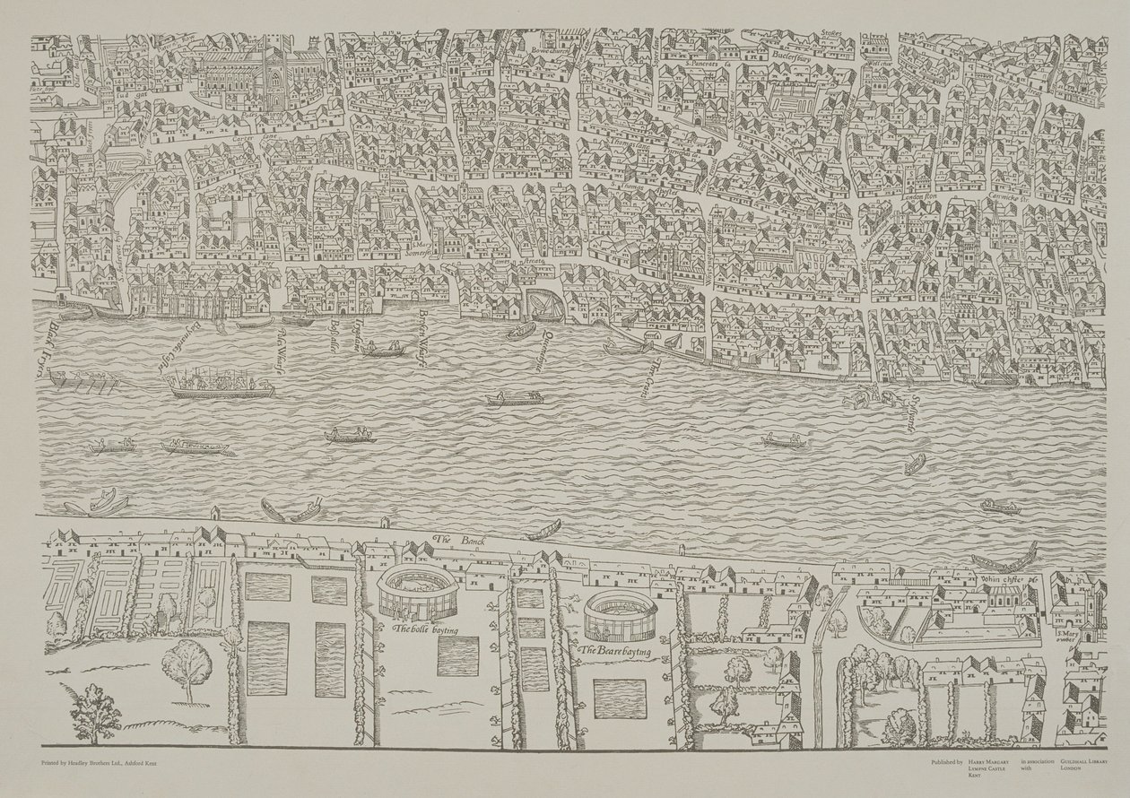 Kort over London, der viser bjørnebadningshaven i Southwark, ca. 1561 af Ralph Agas
