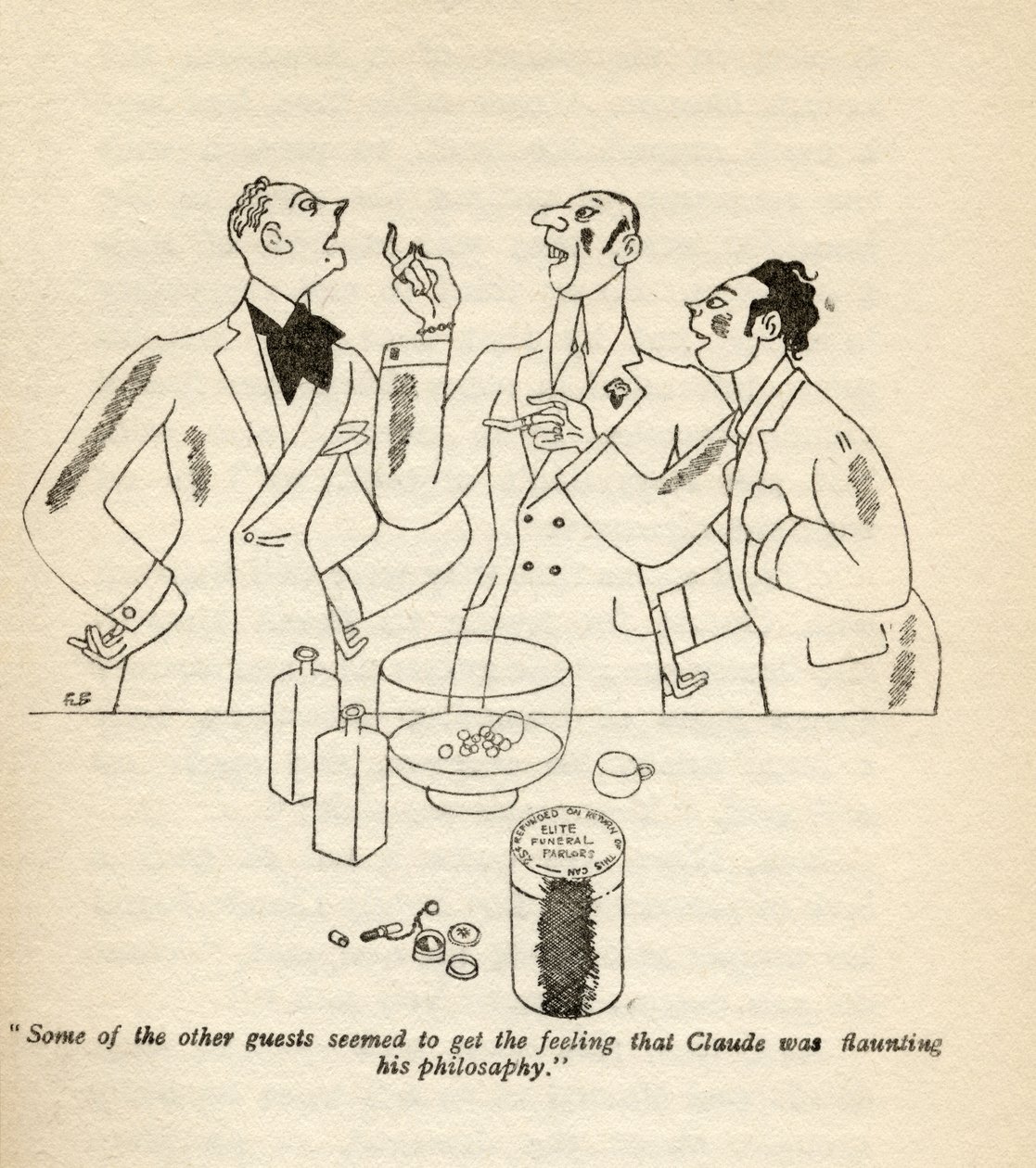 "Nogle af de andre gæster så ud til at få en fornemmelse af, at Claude pralede med sin filosofi.", illustration fra "But Gentlemen Marry Brunettes" af Anita Loos, udgivet i 1928 af Ralph Barton