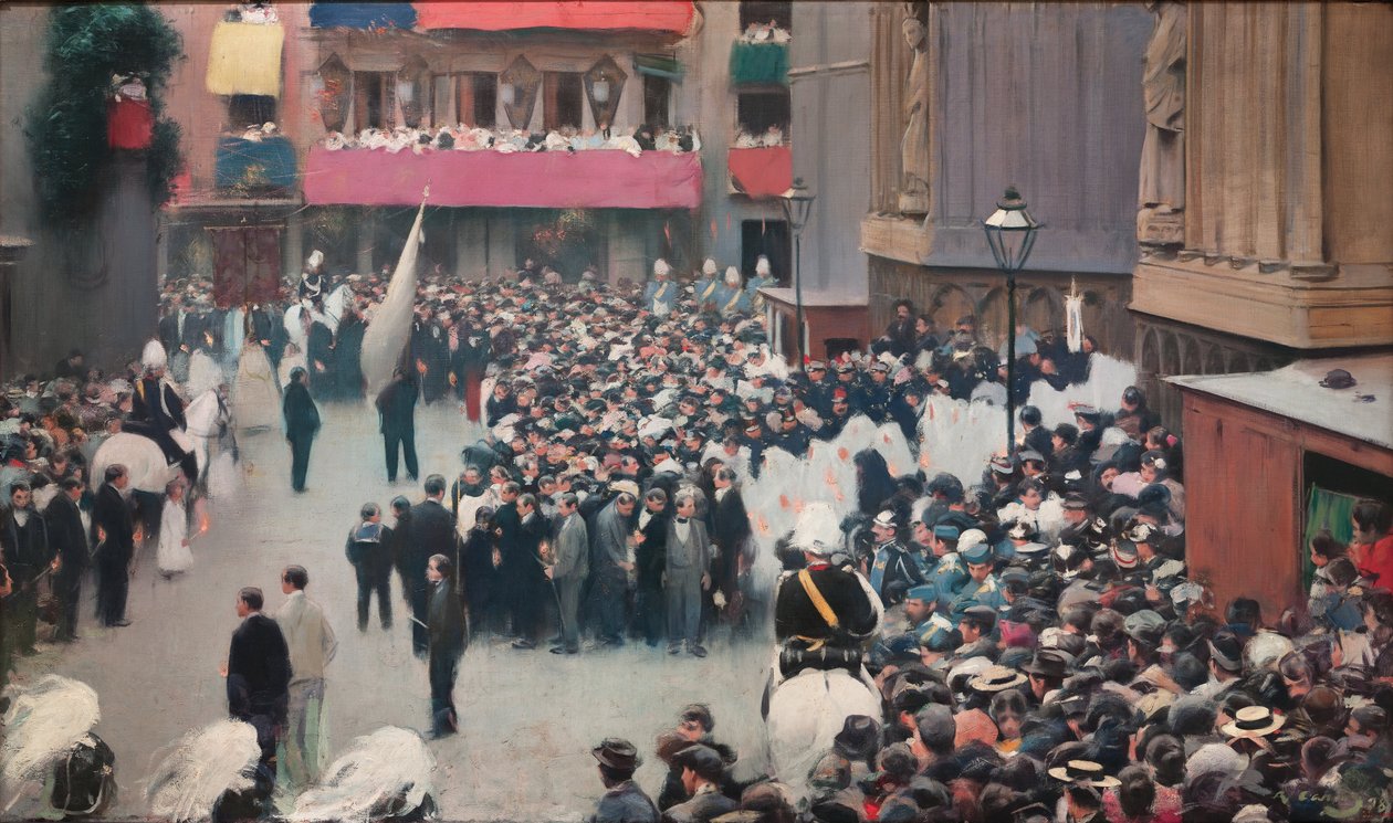 Corpus Christi -processionen forlader kirken Santa Maria del Mar af Ramon Casas i Carbo