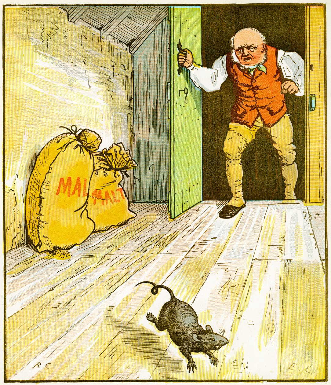 Dette er rotten, der spiste malten, der lå i huset, som Jack byggede, illustration til The House that Jack Built, 1887 af Randolph Caldecott