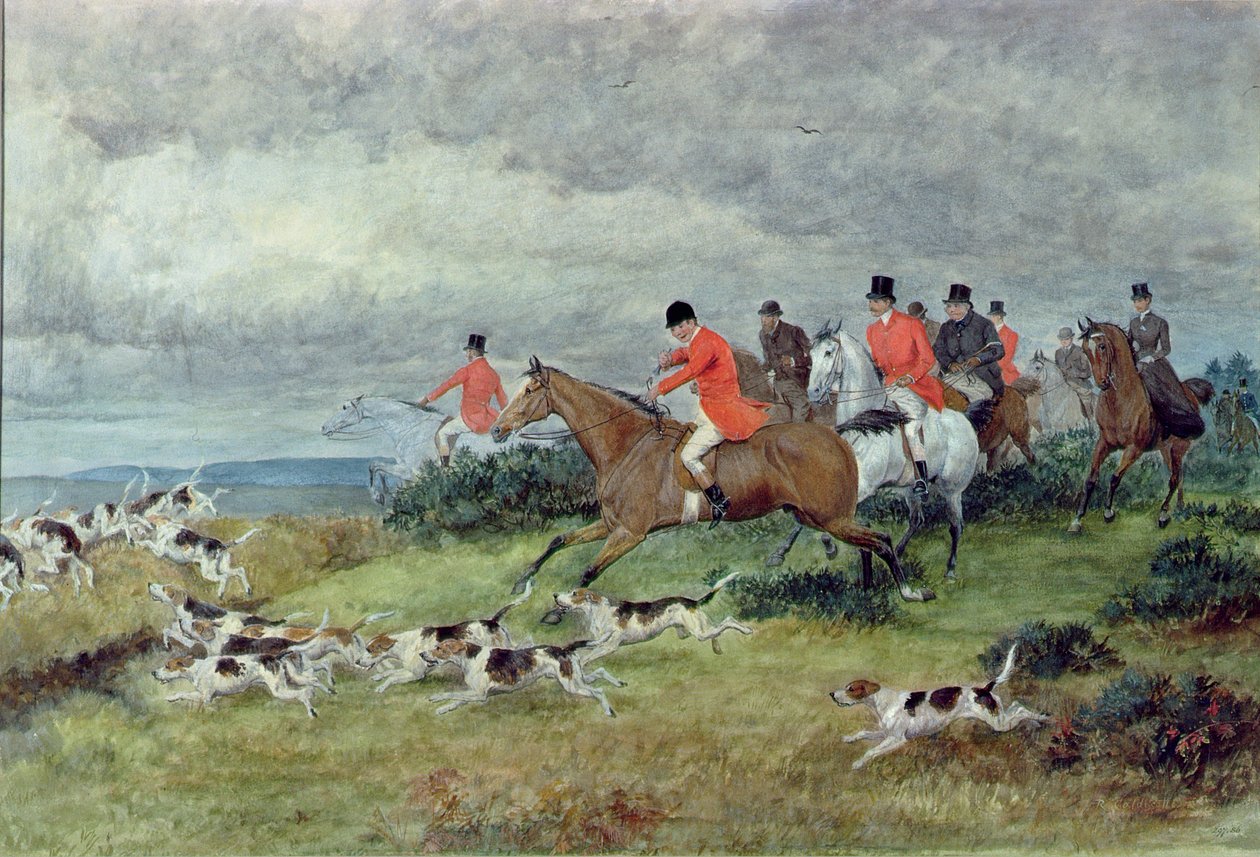 Rævejagt i Surrey, 1800-tallet (akvarel) af Randolph Caldecott