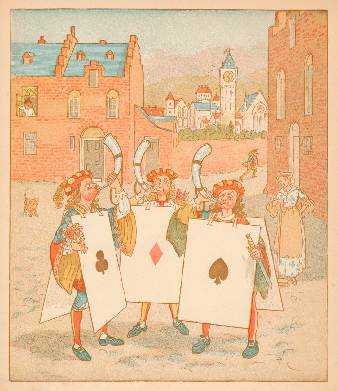 Hornblæsere iført spillekort, 1880. af Randolph Caldecott