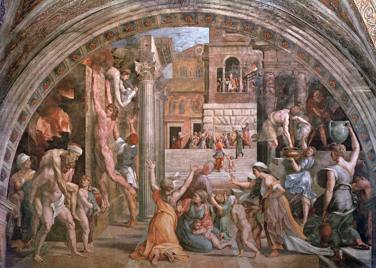 Ild i Borgo, fra Stanza dellIncendio (Ildsalen) ca. 1514-17 af Raphael and Giulio Romano