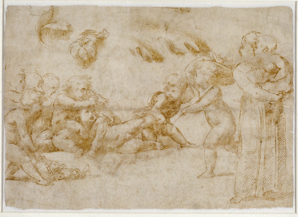 Amorini at Play (pen og brunt blæk på råhvidt papir) af Raffaello Sanzio Raphael