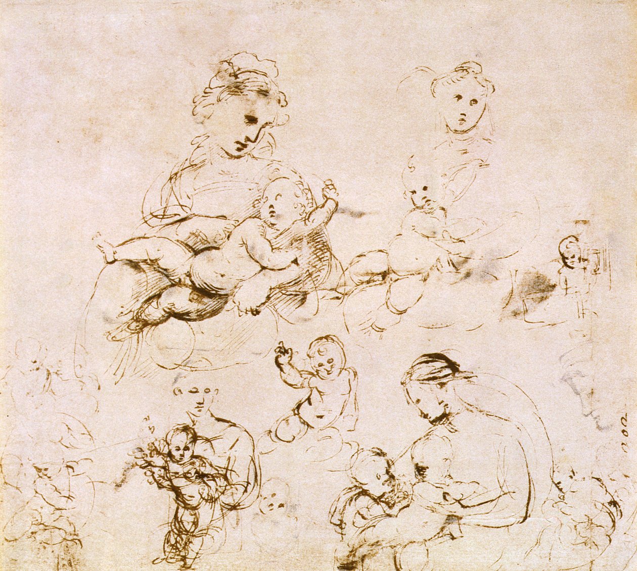 Flere undersøgelser af en Madonna og et barn (pen og blæk) af Raffaello Sanzio Raphael