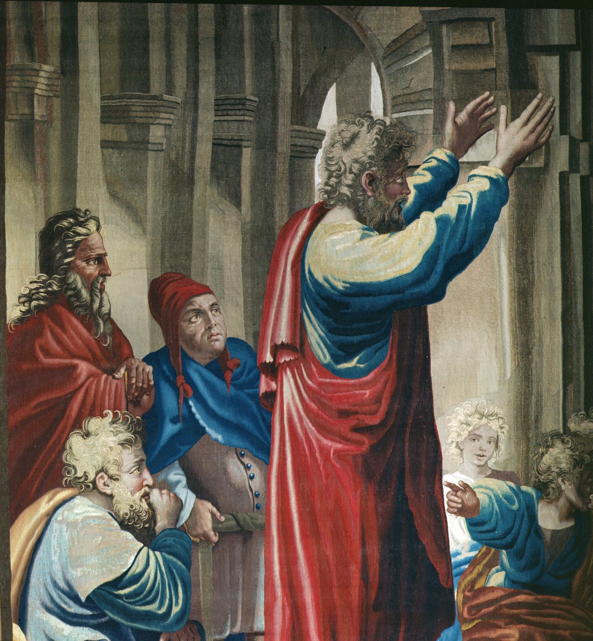 Tapetet af apostlenes Gerninger, Sankt Paulus prædiker til Sankt Pauls Areopagus detalje, vævet på Beauvais Workshop under ledelse af Philippe Behagle 1641-1705, 1695-98 uld af Raffaello Sanzio Raphael