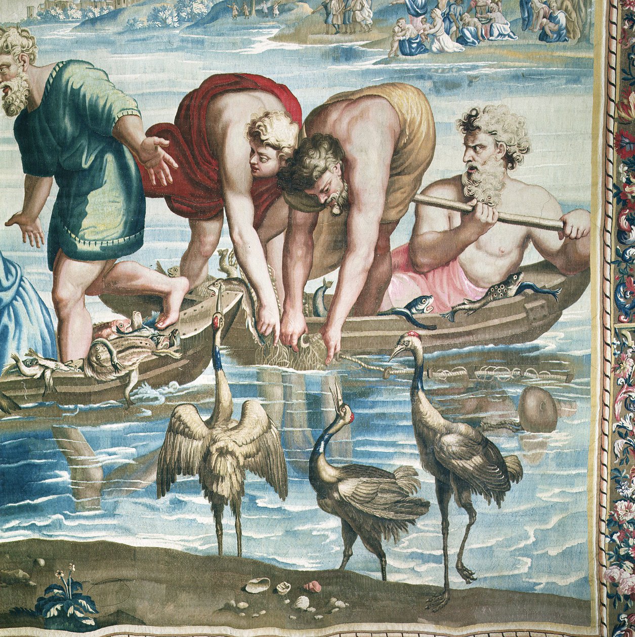 Tapetet af apostlenes Gerninger, Den mirakuløse fiskefangst detalje af fiskerne, der installerer deres net, vævet på Beauvais-værkstedet under ledelse af Philippe Behagle 1641-1705 af Raffaello Sanzio Raphael