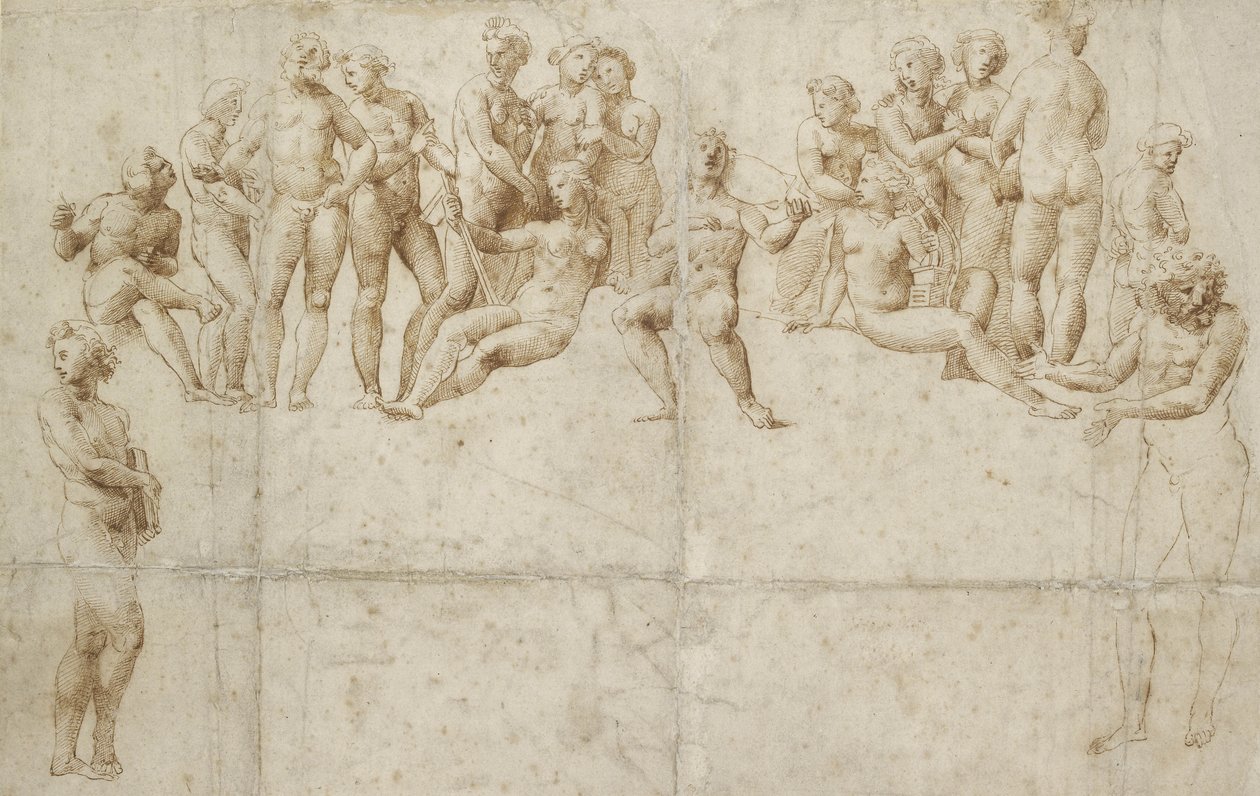 Parnasset, kopi efter Raphael (pen og brunt blæk over sort kridt på hvidt papir) af Raffaello Sanzio Raphael