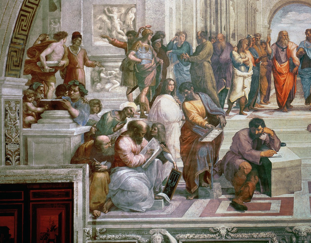 Skolen i Athen, detalje fra venstre side, der viser Pythagoras omgivet af elever og Michelangelo, 1510-11, fresko detalje af 472 af Raffaello Sanzio Raphael
