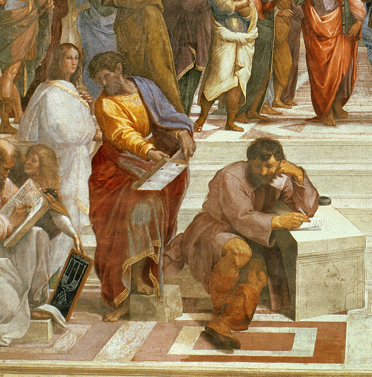 Skolen i Athen, detalje af figurerne i venstre side, 1510-11, fresko detalje af 87597 af Raffaello Sanzio Raphael