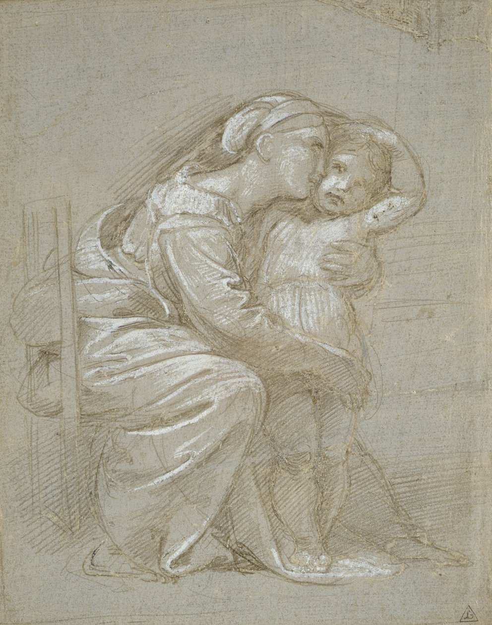 The Virgin and Child (sølvspids, forhøjet med hvid kropsfarve på et skifergrå præparat) af Raffaello Sanzio Raphael