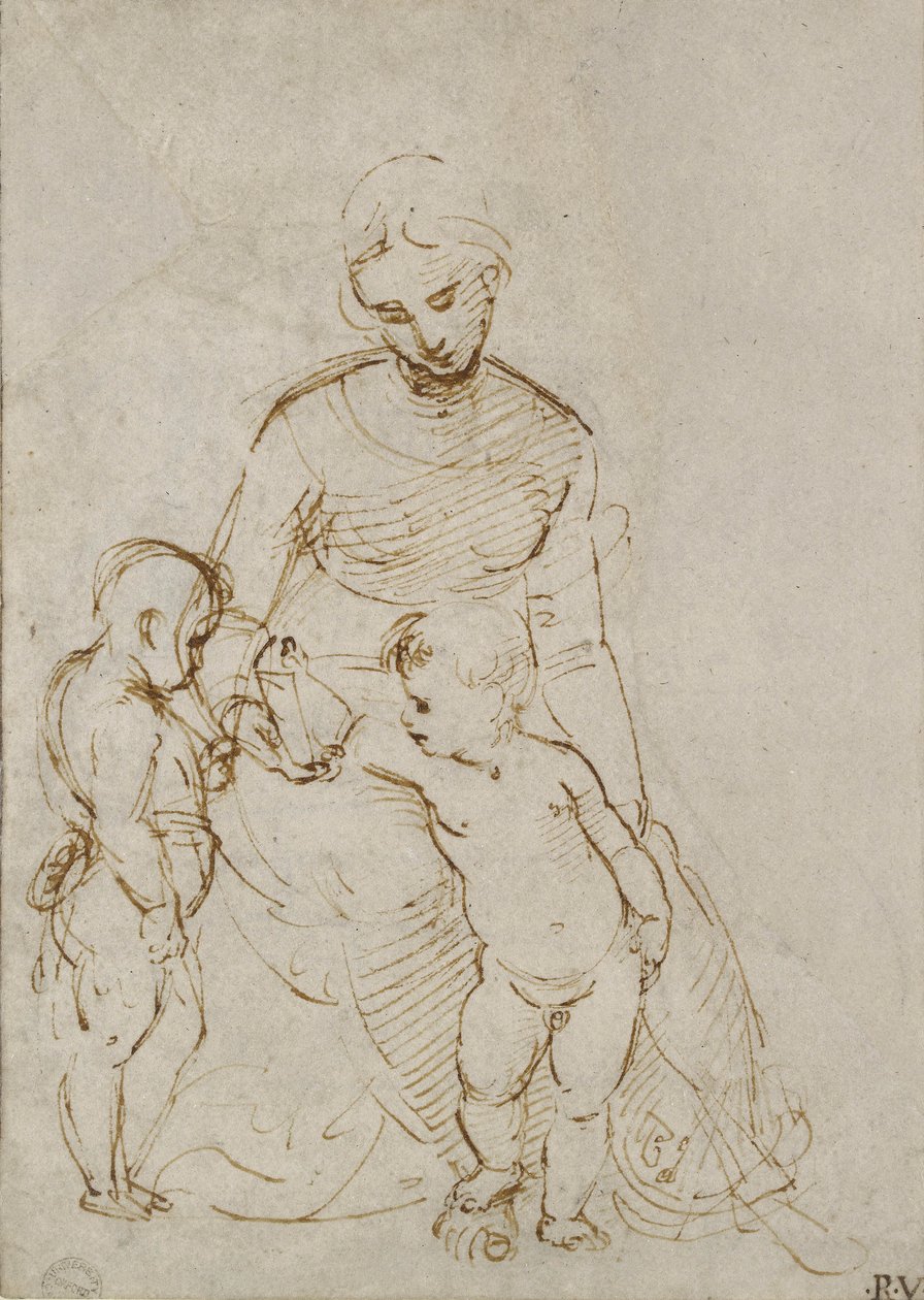 Jomfruen og barnet med St John (pen og brunt blæk på hvidt papir) af Raffaello Sanzio Raphael