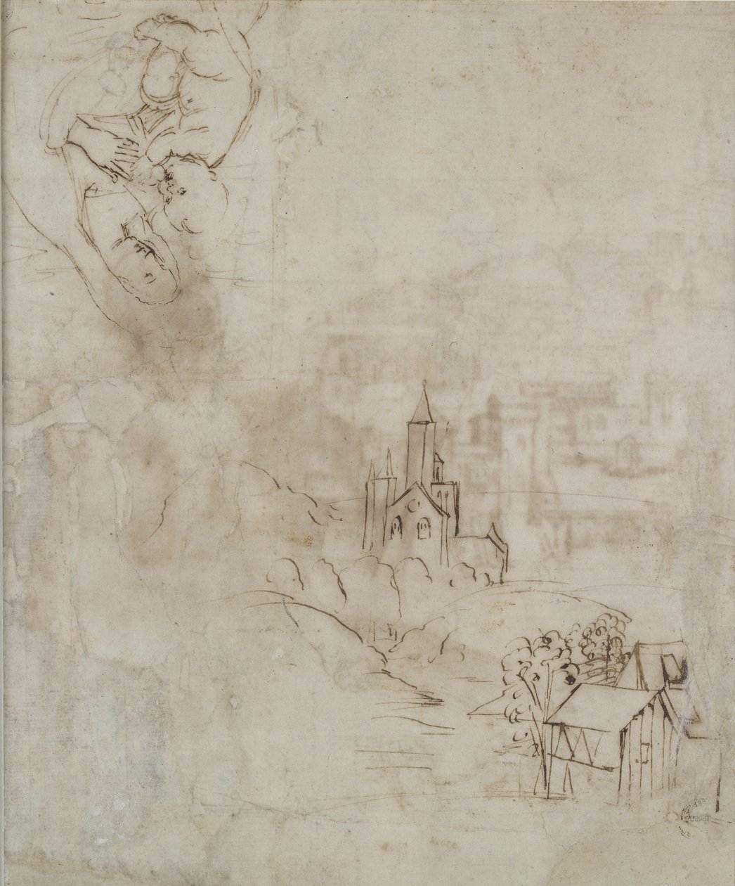 Verso: En lille skitse af Jomfruen, der dier Kristusbarnet, og en anden af et landskab til Pala Colonna, WA1846.10 af Raffaello Sanzio Raphael