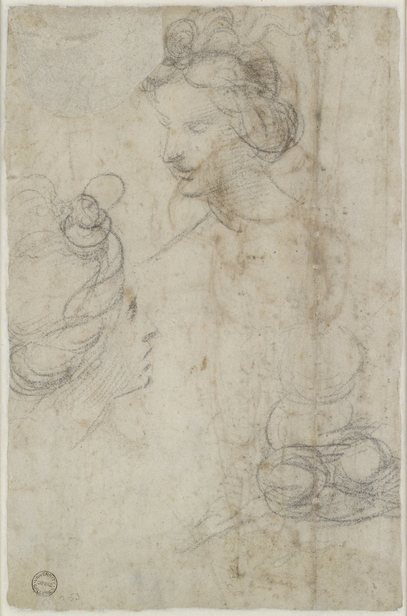 Verso: To kvindelige hoveder og en skitse af en kvinde, der sidder på hug, WA1846.168 af Raffaello Sanzio Raphael